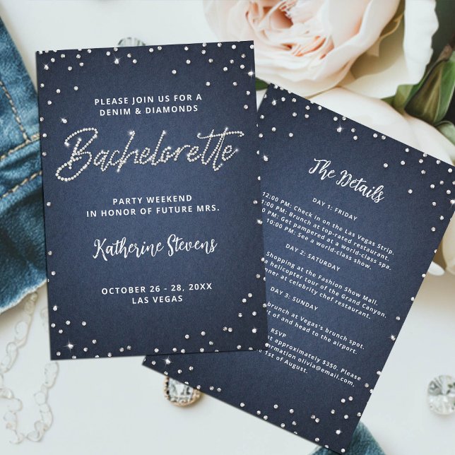 Denim Diamonds Itinerary Blue Junggeselinnen-Absch Einladung (denim and diamonds bachelorette invitation itinerary glitter bling glitz glam blue white classy chic)