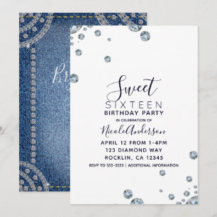 Denim & Diamonds Jeans Geburtstagsfeier Sweet 16 P Einladung