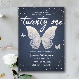 Denim Diamonds Lace Butterfly Modern 21. Geburtsta Einladung