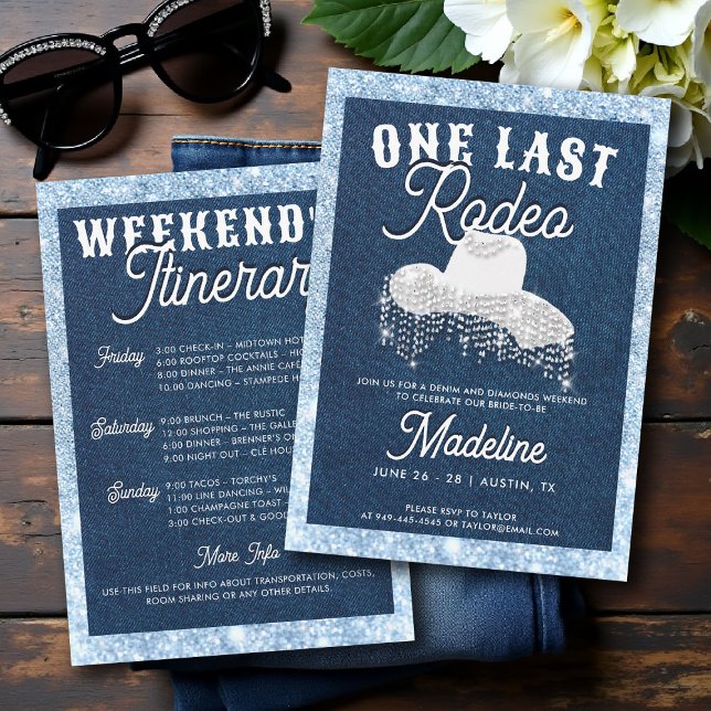 Denim Diamonds Last Rodeo Cowgirl Bachelorette Einladung (denim and diamonds bachelorette party invite last rodeo glam bling frame lets go girls classy chic)