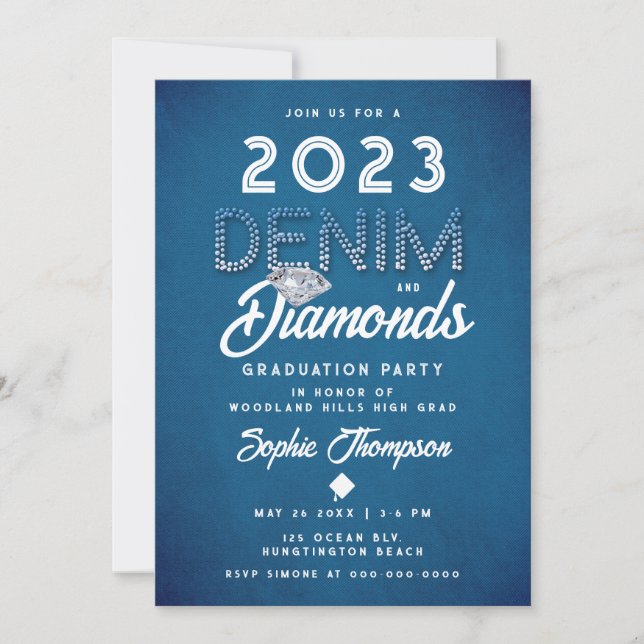 Denim Diamonds Lettering Modern Graduation Party Einladung (Vorderseite)
