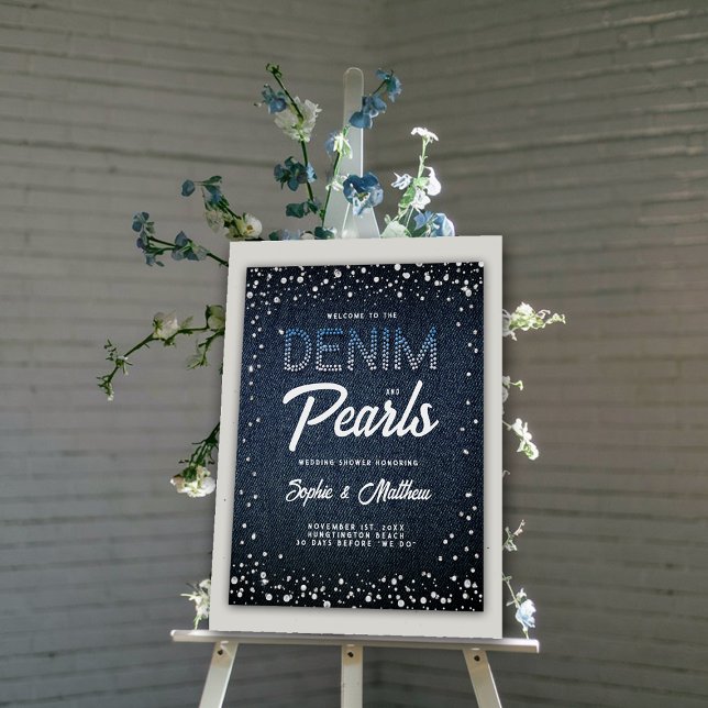 Denim Diamonds Pearls Blue Couple Dusche Willkomme Poster (denim and pearls couples shower welcome poster blue white coed elegant modern classy)