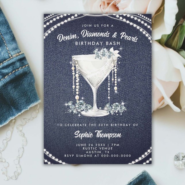Denim Diamonds Pearls Champagne Geburtstagsparty Einladung (denim diamonds pearls birthday party invitation elegant classy champagne bling glam glitz sparkle)