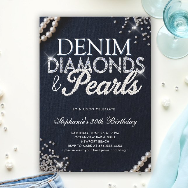 Denim Diamonds Pearls Chic Classy Elegant Geburtst Einladung (denim diamonds and pearls party ideas modern classy elegant blue white invites)