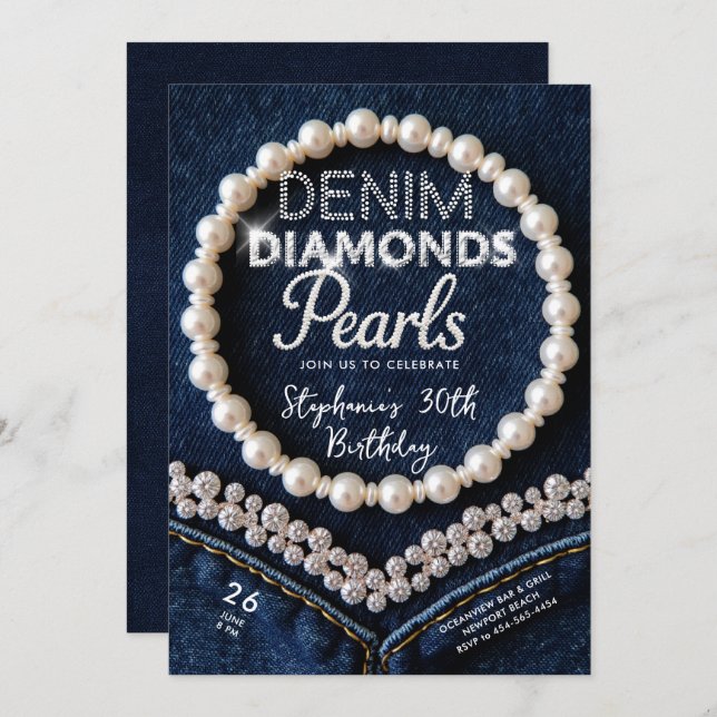 Denim Diamonds Pearls Chic Classy Moderne Geburtst Einladung (Vorne/Hinten)