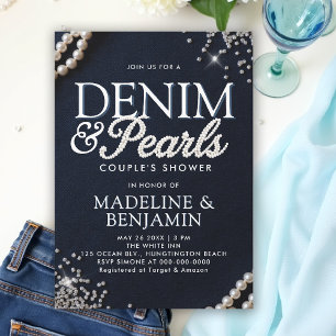 Denim Diamonds Pearls Elegant Blue Couple Shower Einladung