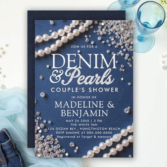 Denim Diamonds Pearls Eleganter Typ Dusche Einladung (denim and pearls couple wedding shower invitation coed jack jill blue white elegant modern classy)
