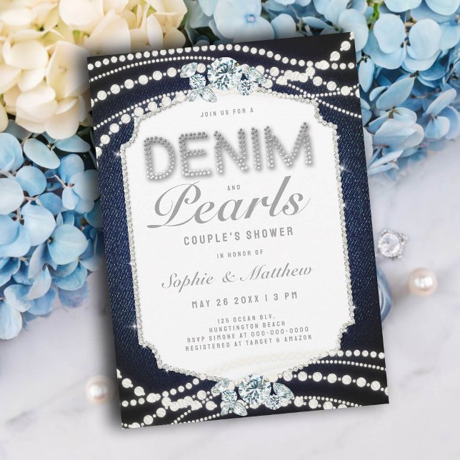 Denim Diamonds Pearls Frame Coed Polterabend Einladung (wedding shower ideas denim diamonds pearls invitations coed jack jill couples blue elegant casual)