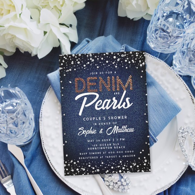 Denim Diamonds Pearls Moderne elegante Dusche Einladung (denim diamonds pearls couple wedding shower invitation blue brown brass elegant classy rustic chic)