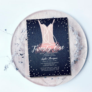 Denim Diamonds Pearls Pink Tutu 21. Geburtstag Bas Einladung