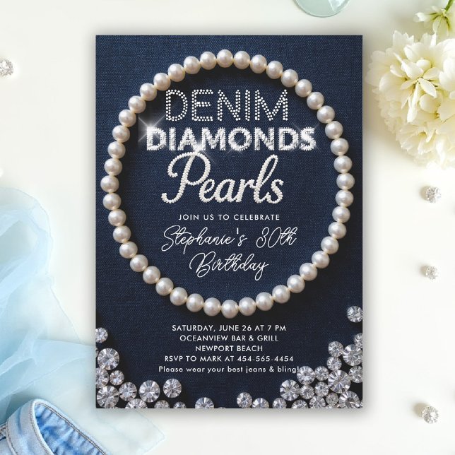 Denim Diamonds Pearls Type Klasse Moderne Geburtst Einladung (denim diamonds and pearls party ideas modern classy elegant blue white invites templates diy)