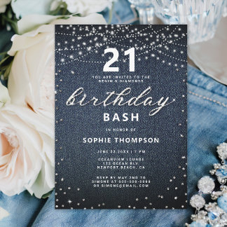 Denim Diamonds Rustic Lights 21. Geburtstag Party Einladung
