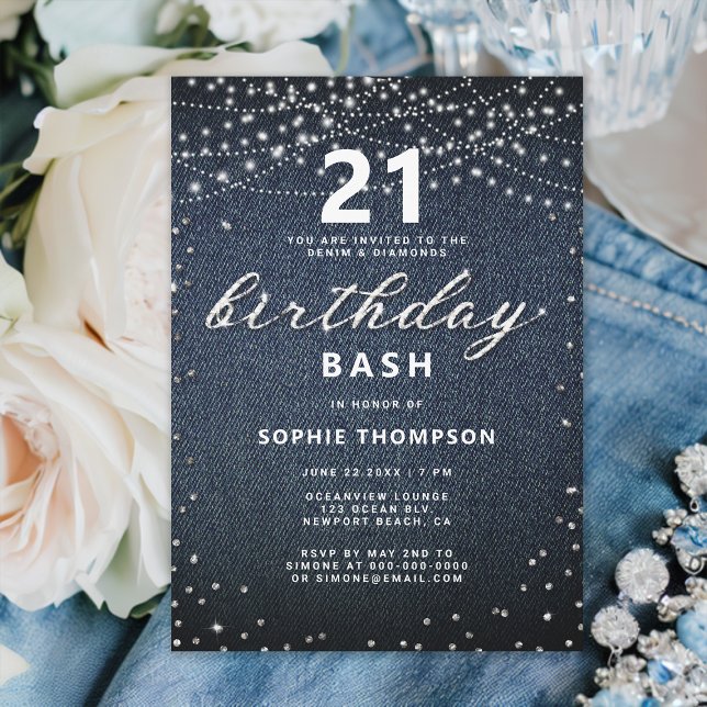 Denim Diamonds Rustic Lights 21. Geburtstag Party Einladung (denim and diamonds 21st birthday invitation for girls rustic lights simple modern classy elegant)