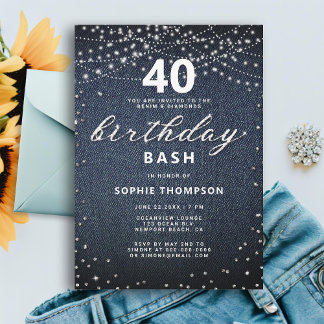 Denim Diamonds Rustic Lights 40. Geburtstag Party Einladung