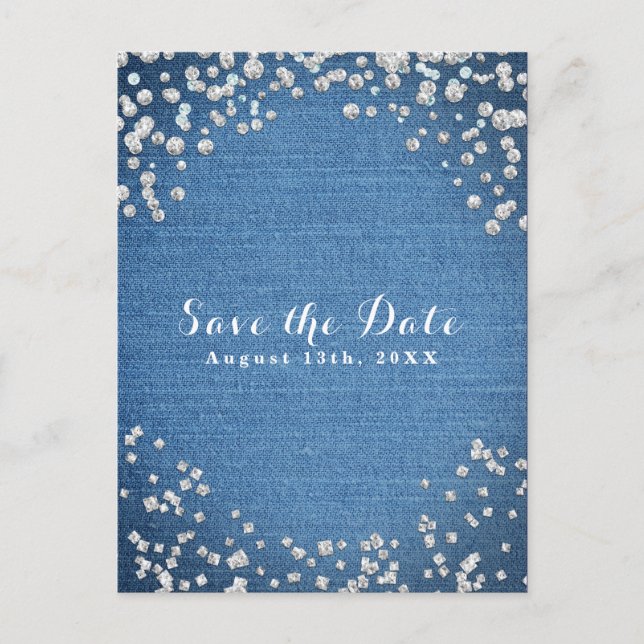 Denim & Diamonds Scattered Bling Save the Date Ankündigungspostkarte (Vorderseite)