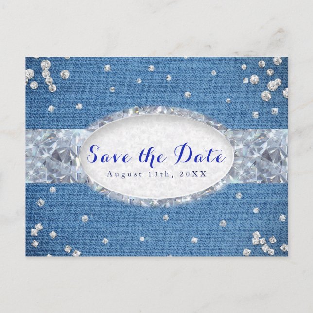 Denim & Diamonds Scattered Bling Save the Date Ankündigungspostkarte (Vorderseite)