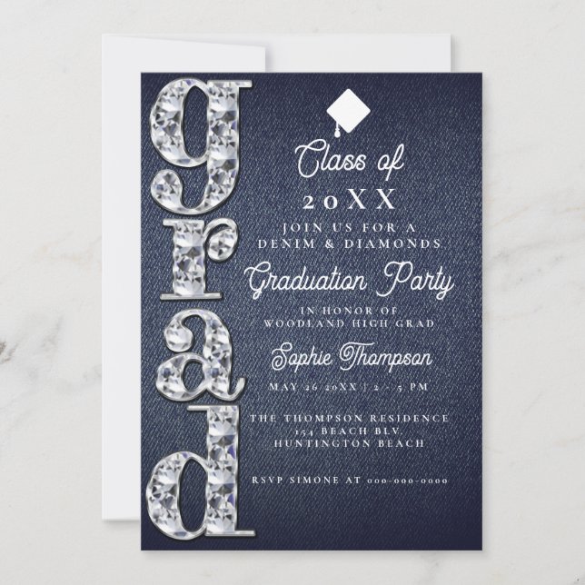 Denim Diamonds Script Blue Jeans Graduation Party Einladung (Vorderseite)