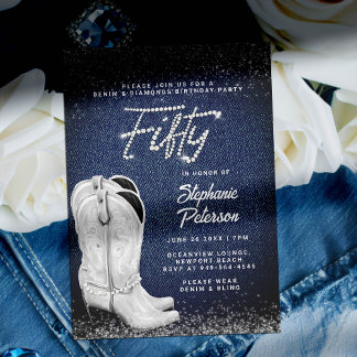 Denim Diamonds Script Cowgirl Boots 50. Geburtstag Einladung