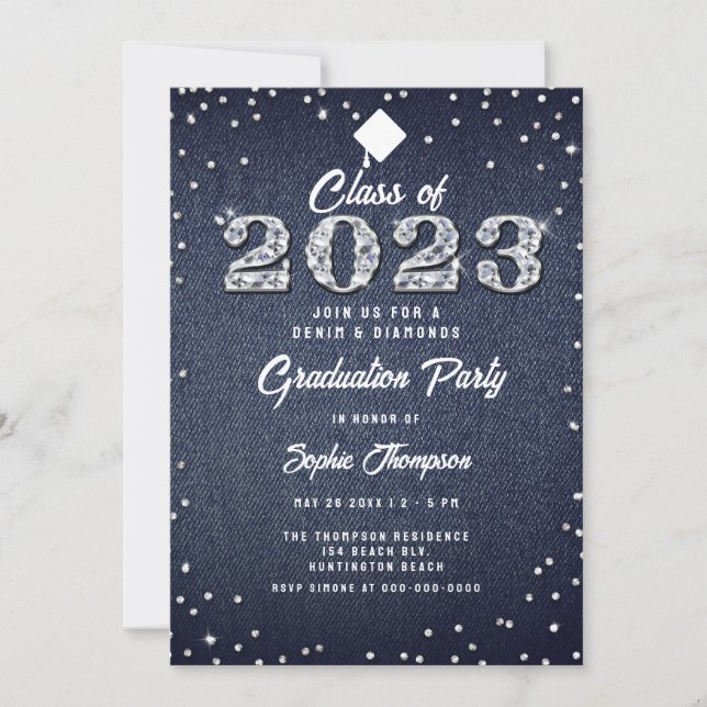 Denim Diamonds Script Indigo 2023 Graduation Party Einladung (Vorderseite)