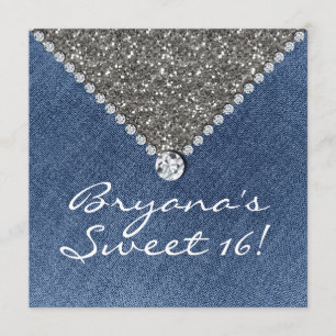 Denim Diamonds Silber Glitter Sweet 16 Einladung