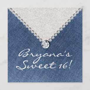 Denim Diamonds Silber Glitter Sweet 16 Einladung