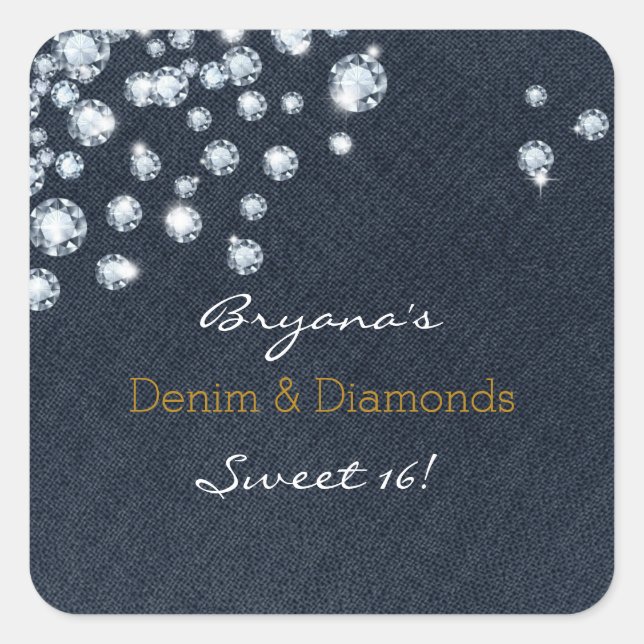 Denim & Diamonds Sweet 16 Geburtstagsfeier Aufkleb Quadratischer Aufkleber (Vorderseite)