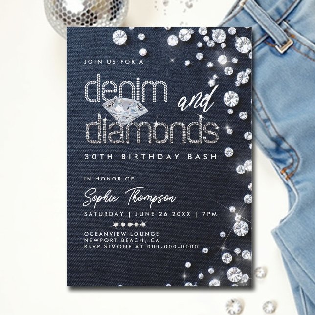 Denim Diamonds Theme Klasse 30. Geburtstag Party Einladung (denim and diamonds invitations 30th 50th sweet 16 elegant classy bling template)