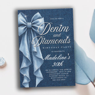 Denim Diamonds Weiß Blau Schleife Glam 30. Geburts Einladung