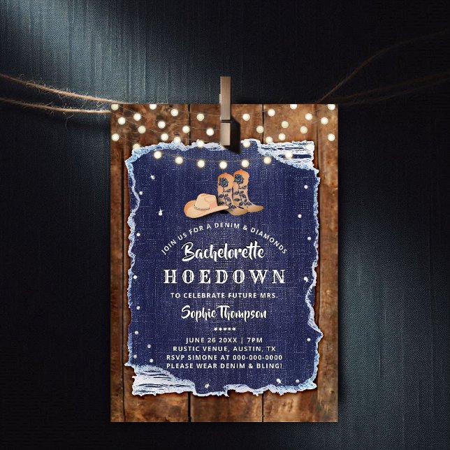 Denim Diamonds Western Rustic Hoedown Bachelorette Einladung (denim and diamonds bachelorette party invitation rustic wood blue white cowgirl boots hat hoedown)