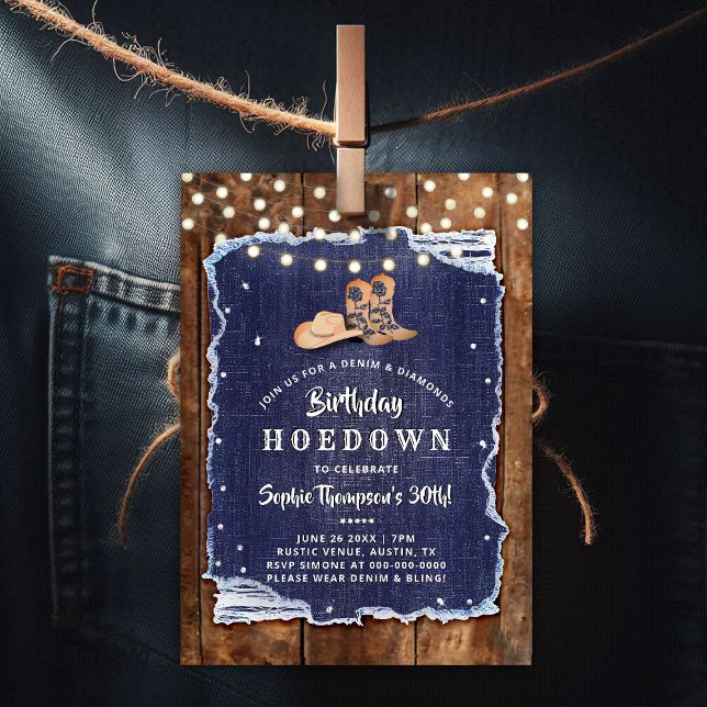 Denim Diamonds Western Rustic Hoedown Geburtstag Einladung (denim diamonds birthday party hoedown invitation rustic wood blue white cowgirl boots hat lights)