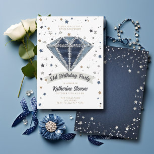 Denim Diamonds White Blue Glitzer 21. Geburtstag Einladung