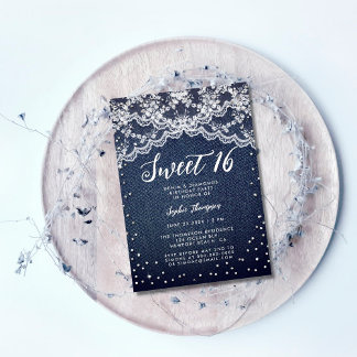 Denim Diamonds White Lace Sweet 16 Geburtstagspart Einladung