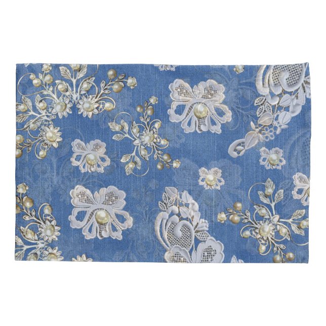 Denim - Elfenbeinperlen wiederholen Muster Kissenbezug (Rückseite)