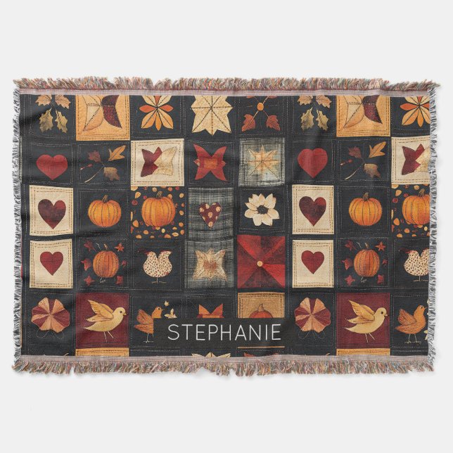 Denim Folk Art Quilt Muster | Rustikales Herbstpfl Decke (Vorderseite)