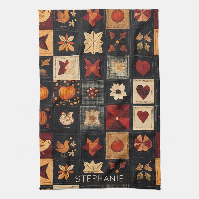 Denim Folk Art Quilt Muster | Rustikales Herbstpfl Geschirrtuch (Vertikal)