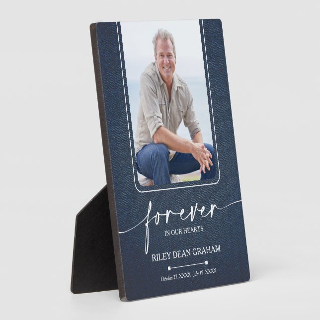 Denim-Foto-Gedenkplakette 'Für immer in unseren He Fotoplatte (Seite)