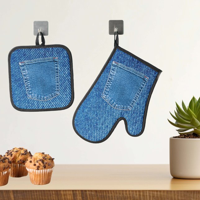 Denim Fun Pocket Jeans Look Ofenhandschuh & Topflappen-Set (Von Creator hochgeladen)