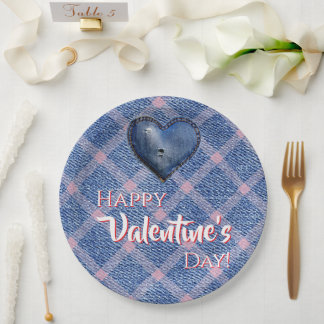 Denim Heart Valentine's Day Party Plaid Pappteller