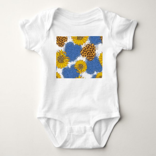 Denim Hearts Leopard Sunflowers Muster Baby Strampler (Vorderseite)