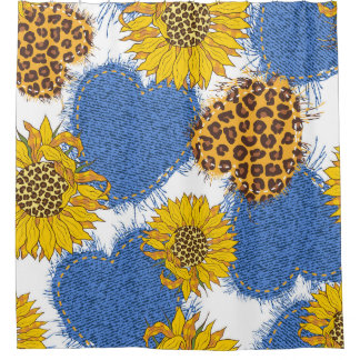 Denim Hearts Leopard Sunflowers Muster Duschvorhang