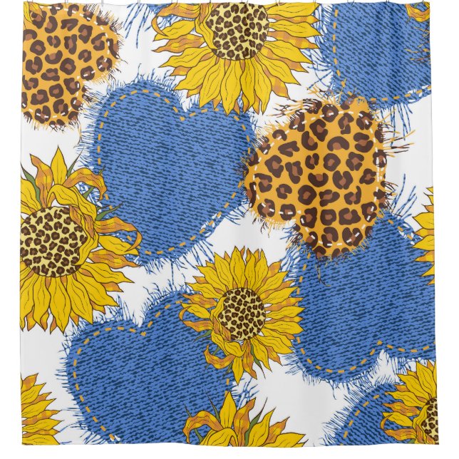 Denim Hearts Leopard Sunflowers Muster Duschvorhang (Vorderseite)