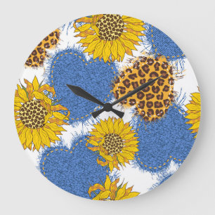 Denim Hearts Leopard Sunflowers Muster Große Wanduhr