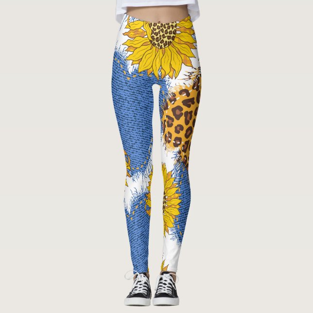 Denim Hearts Leopard Sunflowers Muster Leggings (Vorderseite)