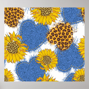 Denim Hearts Leopard Sunflowers Muster Poster