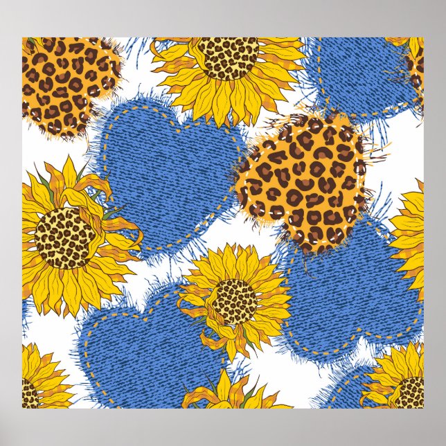 Denim Hearts Leopard Sunflowers Muster Poster (Vorne)
