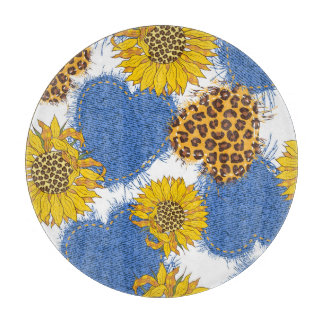 Denim Hearts Leopard Sunflowers Muster Schneidebrett