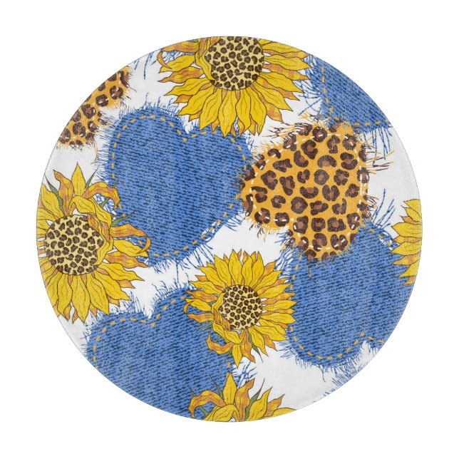 Denim Hearts Leopard Sunflowers Muster Schneidebrett (Vorderseite)