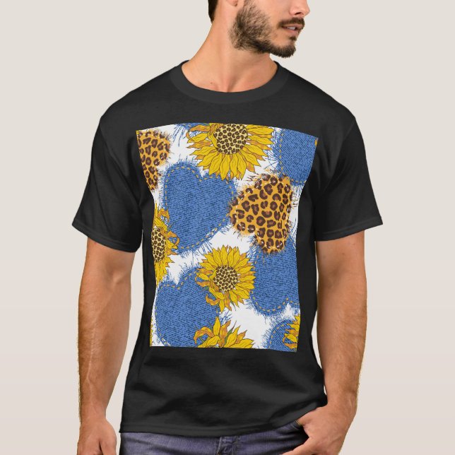 Denim Hearts Leopard Sunflowers Muster T-Shirt (Vorderseite)