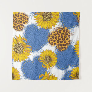 Denim Hearts Leopard Sunflowers Muster Wandteppich