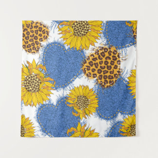 Denim Hearts Leopard Sunflowers Muster Wandteppich